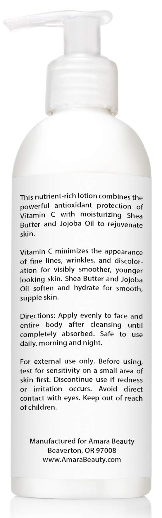 Amara Beauté Lotion Vitamine C peau éclatante et uniforme après application.
