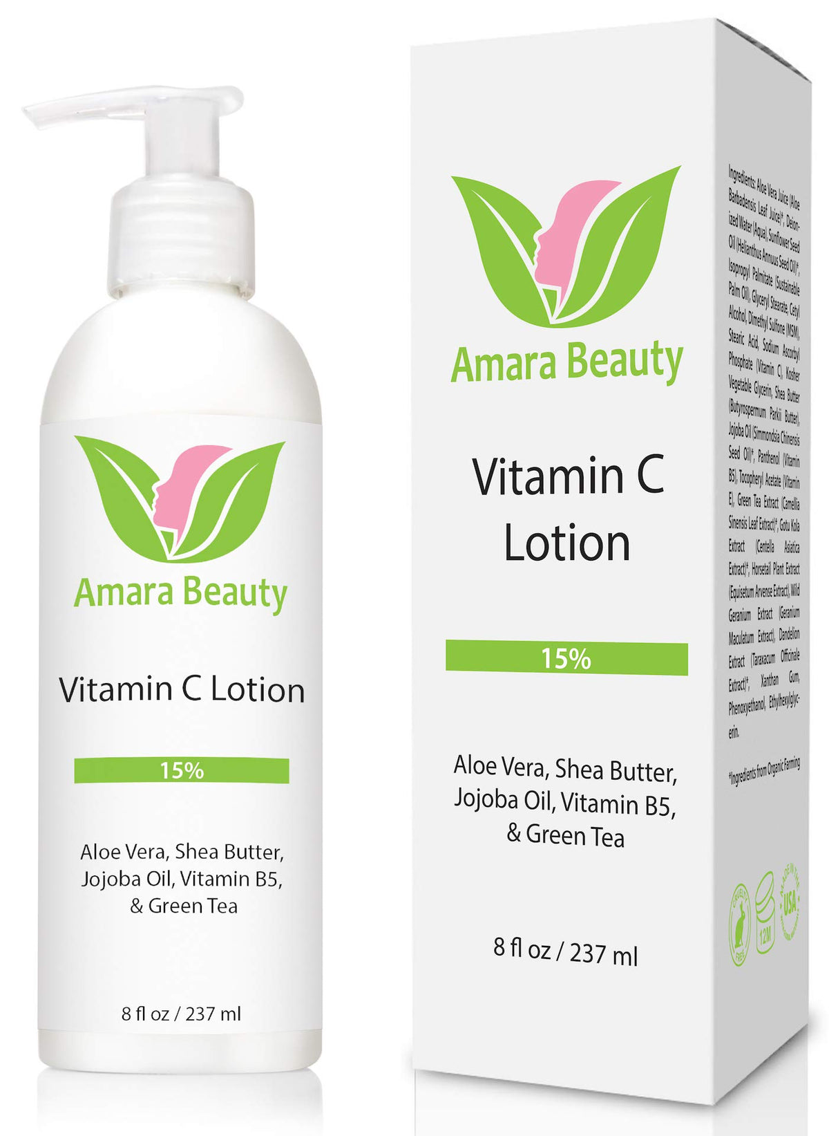 Amara Beauté Lotion Vitamine C flacon 8 oz pour visage et corps, hydratation durable.