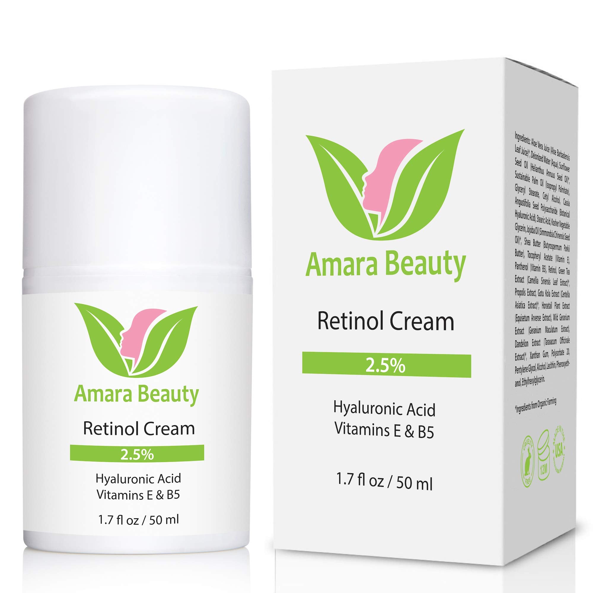 Amara Beauty ingrédients: acide hyaluronique et rétinol pour hydratation durable.