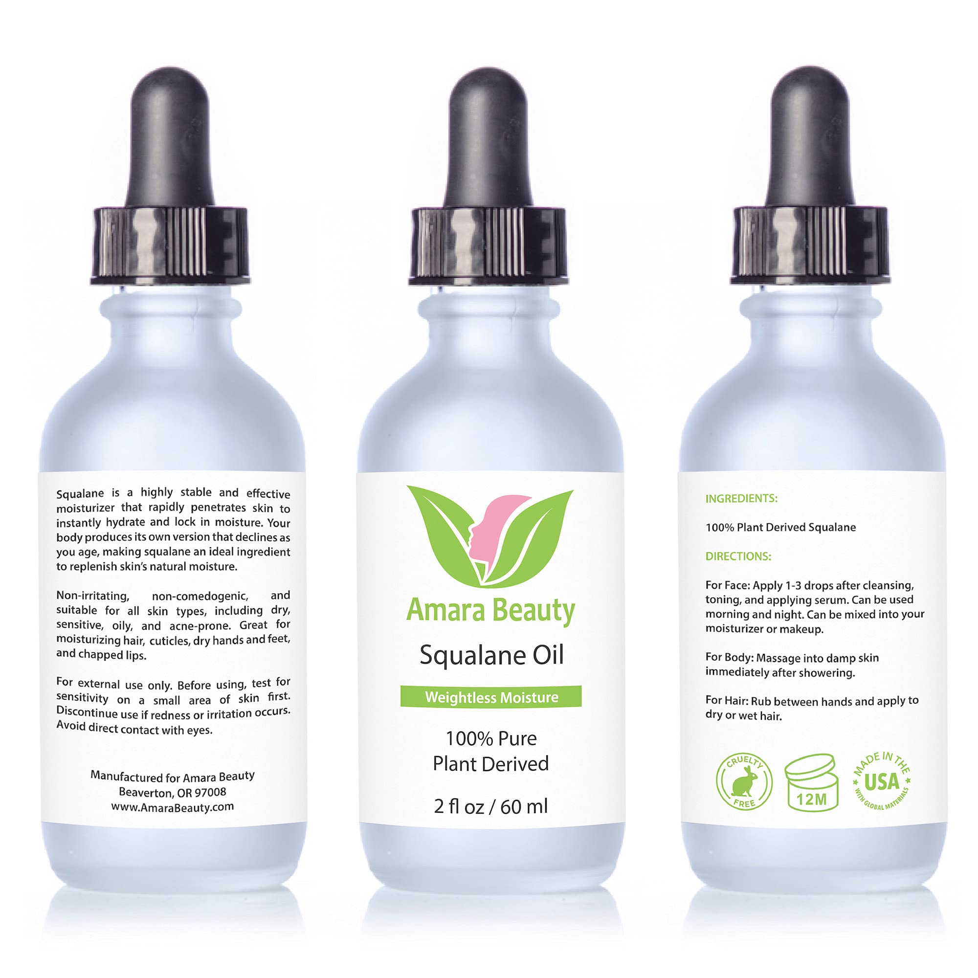 Amara Beauty Squalane: ingrédients issus du sucre de canne, sans tests sur les animaux.