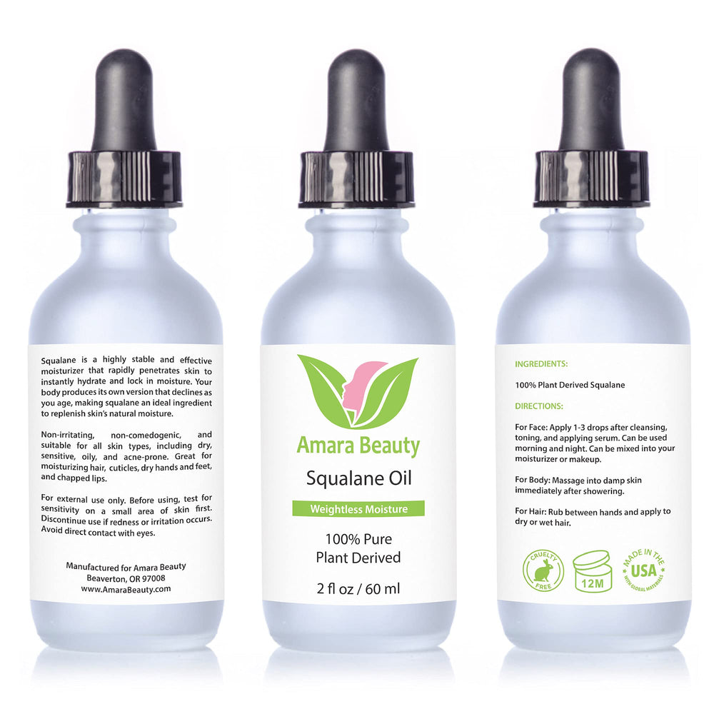 Amara Beauty Squalane: ingrédients issus du sucre de canne, sans tests sur les animaux.