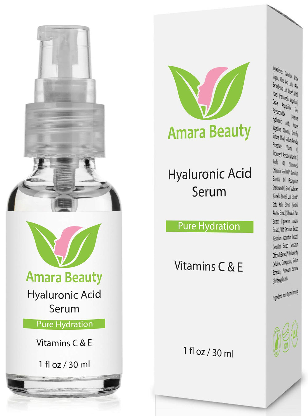Amara Beauty Sérum hyaluronique – bouteille claire, hydratation profonde pour votre peau.