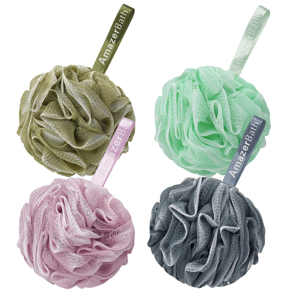 Éponge AmazerBath luffa blanche, exfoliation douce pour peau nette et rafraîchie.