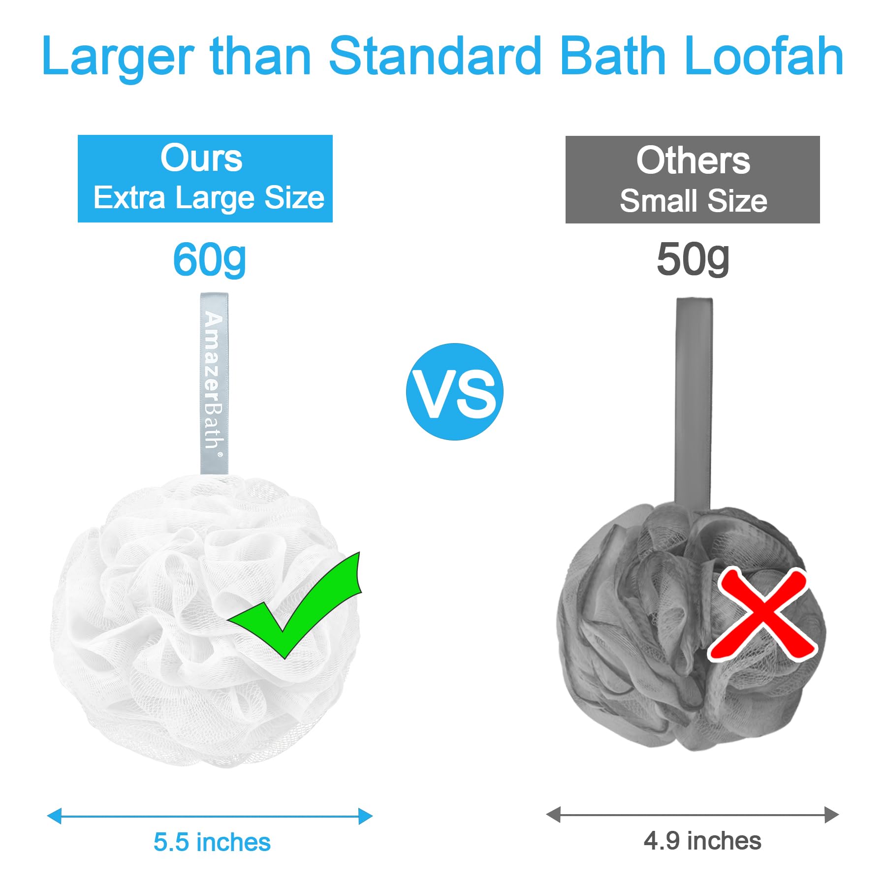 Éponge loofah AmazerBath avec anse pour séchage et rangement faciles.