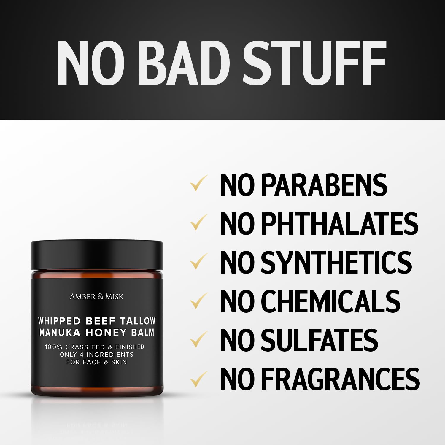 Amber & Misk baume suif de bœuf miel, sans parfum pour peaux sensibles.
