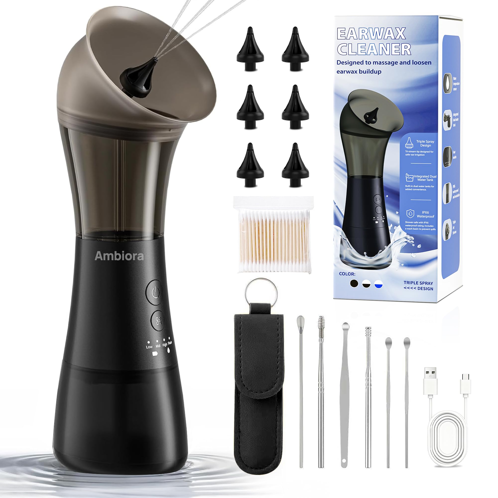 AMBIORA lave-oreilles avec réservoir intégré, nettoyage pratique.