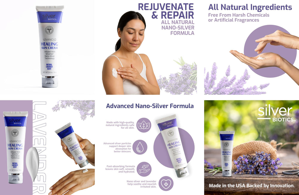 Absorption rapide du Silver Biotics Lavande sur peau propre.