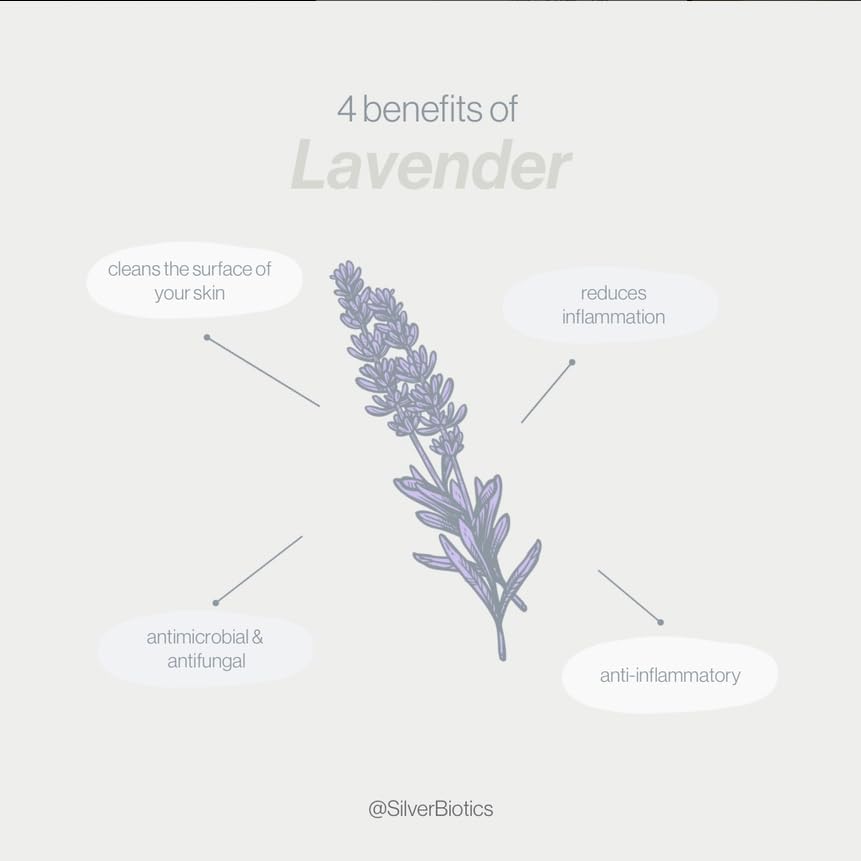 Fleurs de lavande et packaging Silver Biotics Lavande pour spa à domicile.