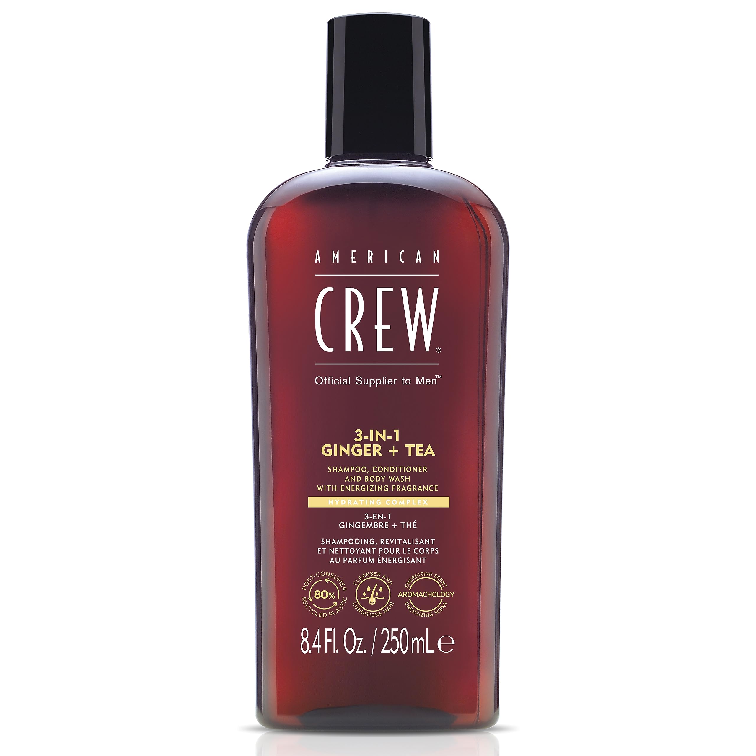 AMERICAN CREW 3-en-1 Gingembre-Arbre-à-thé : flacon net et revitalisant pour cheveux et peau.
