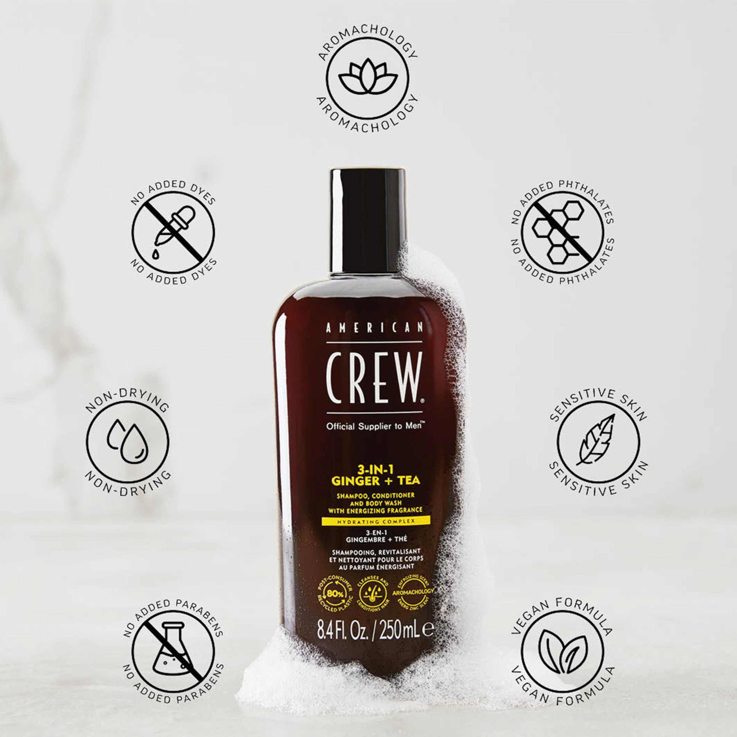AMERICAN CREW 3-en-1 Gingembre-Arbre-à-thé : parfum vivifiant pendant la douche.
