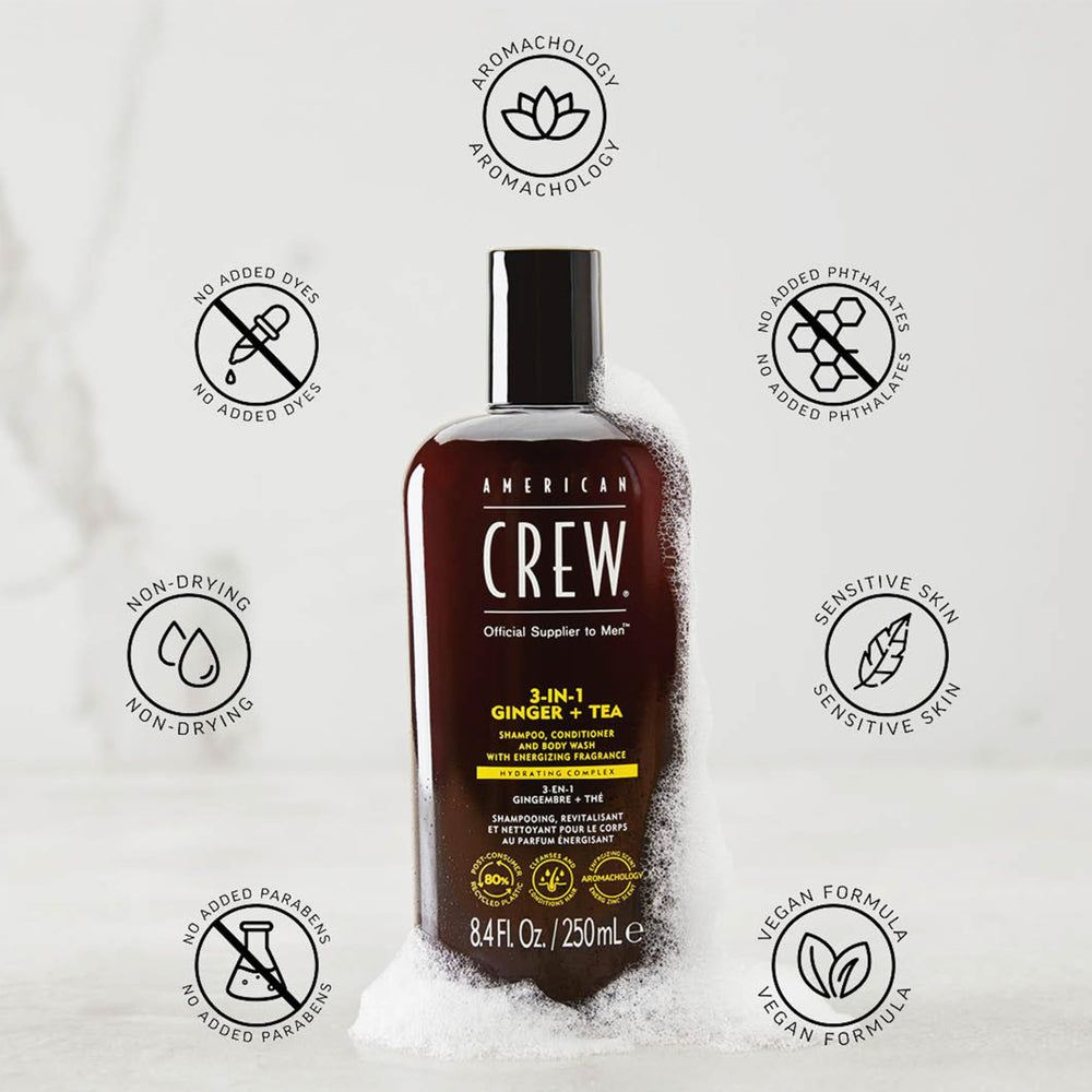 AMERICAN CREW 3-en-1 Gingembre-Arbre-à-thé : parfum vivifiant pendant la douche.