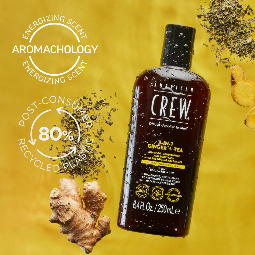 AMERICAN CREW 3-en-1 Gingembre-Arbre-à-thé : gel douche rafraîchissant pour le corps.