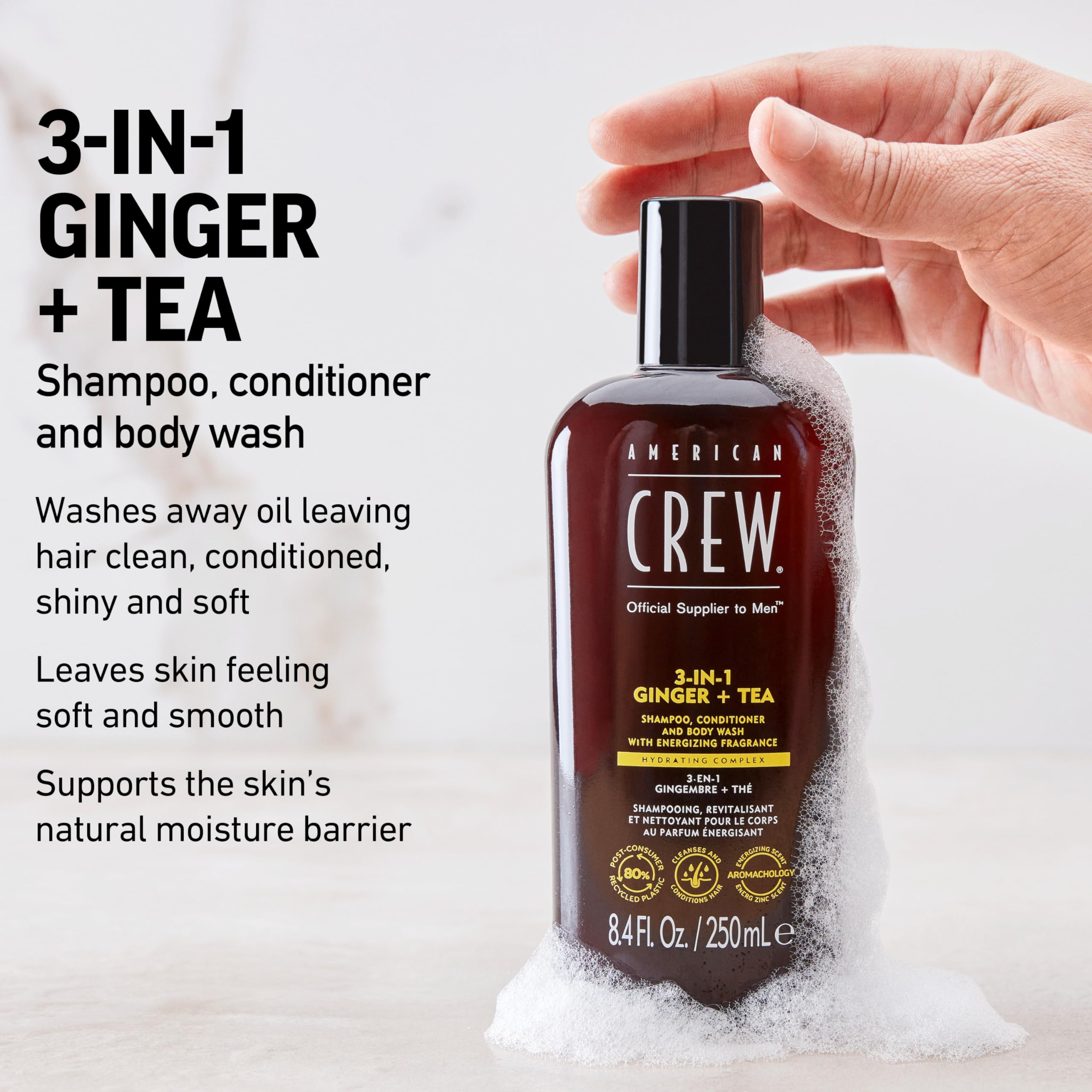 AMERICAN CREW 3-en-1 Gingembre-Arbre-à-thé : lavage express des cheveux lors d'une douche rapide.