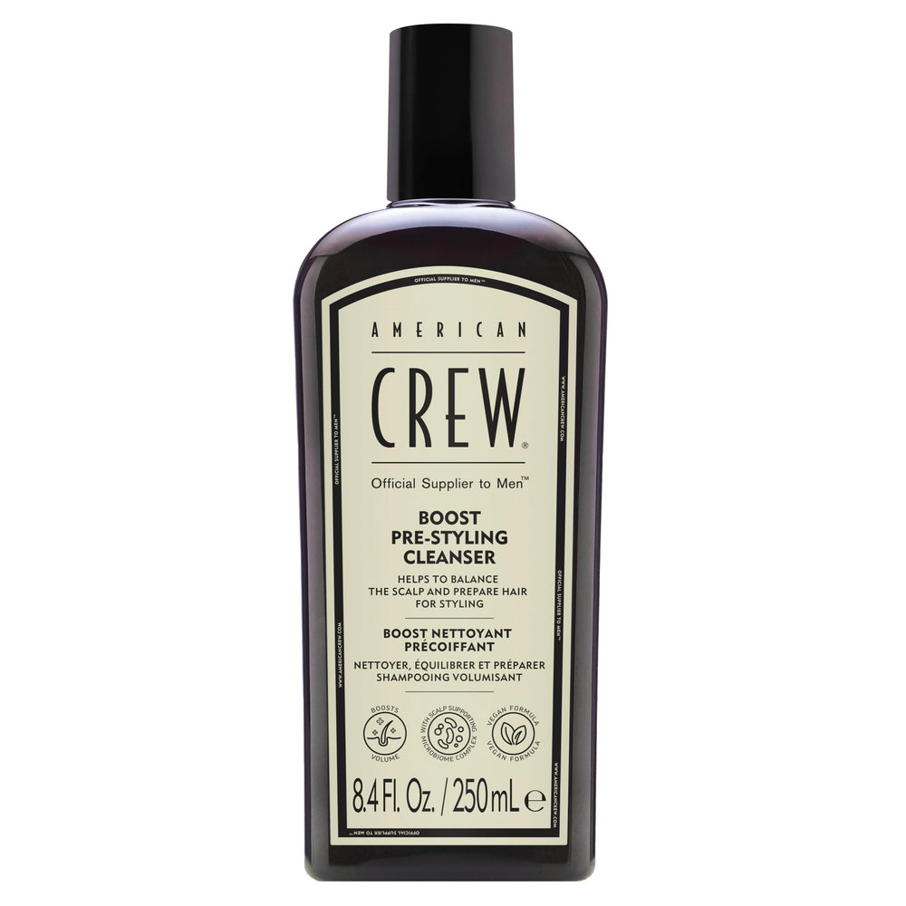 AMERICAN CREW Boost Shampoo, bouteille visible, révèle le volume pour cheveux fins.