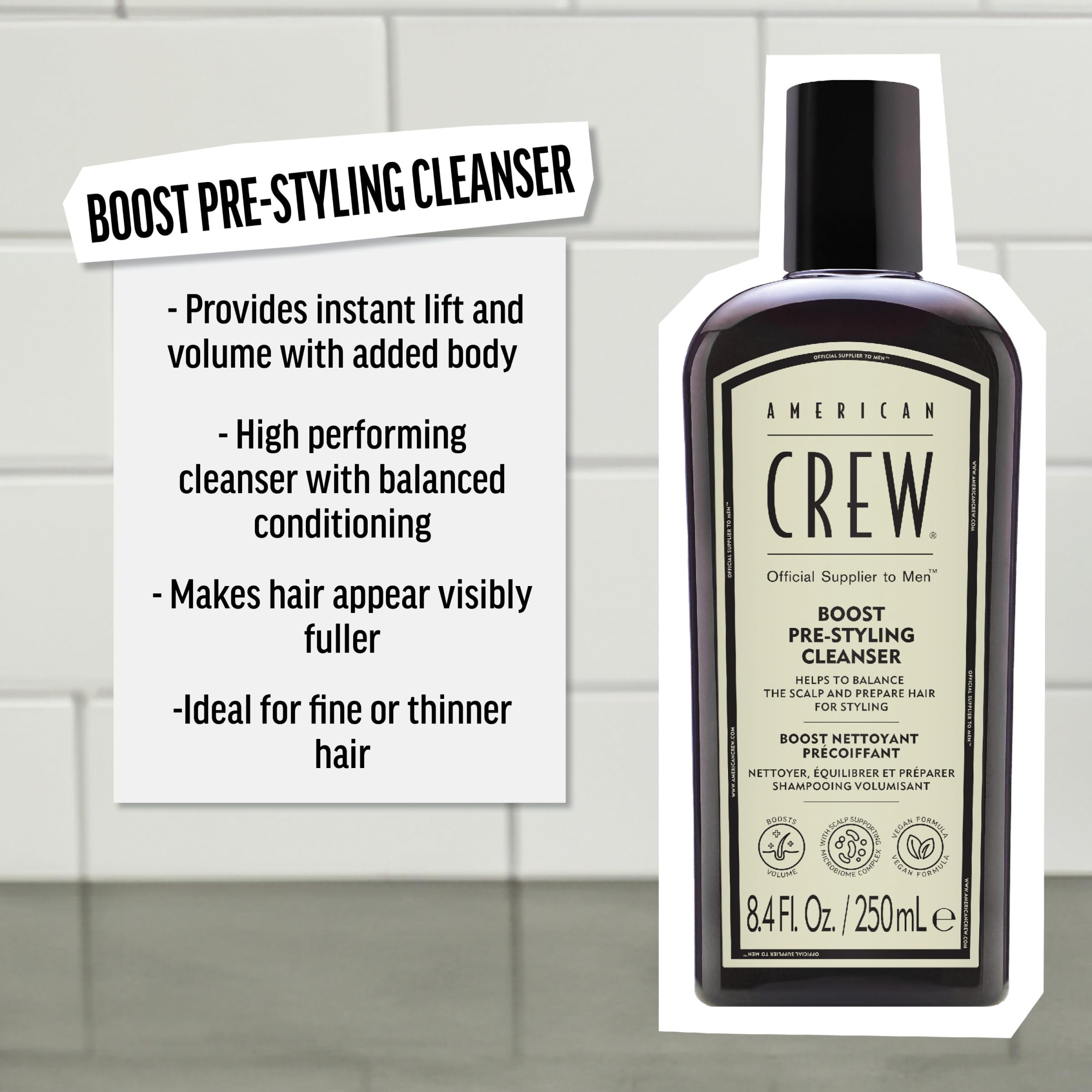 AMERICAN CREW Boost Shampoo, lavage doux équilibrant le cuir chevelu.