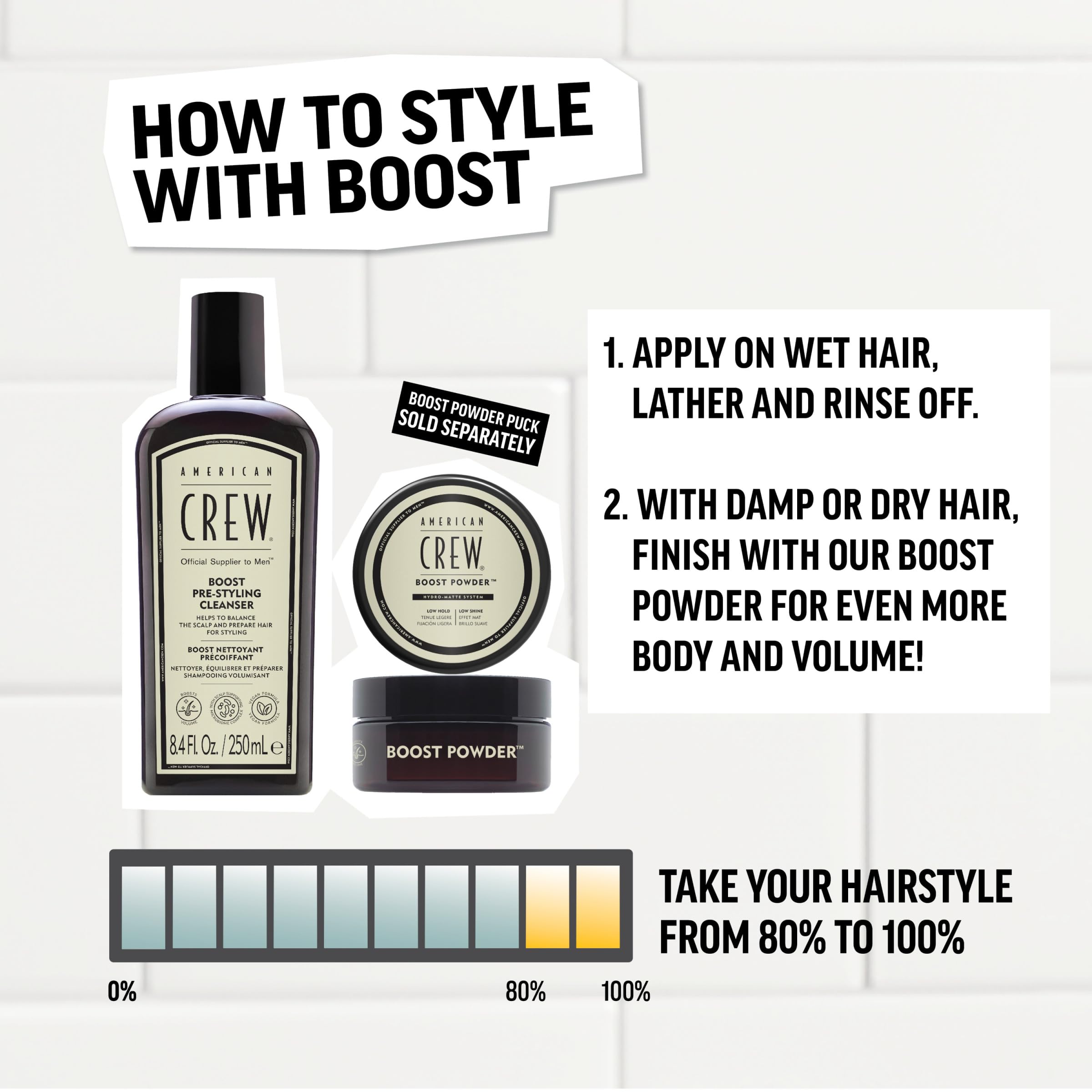 AMERICAN CREW Boost Shampoo, packaging vegan et design épuré.