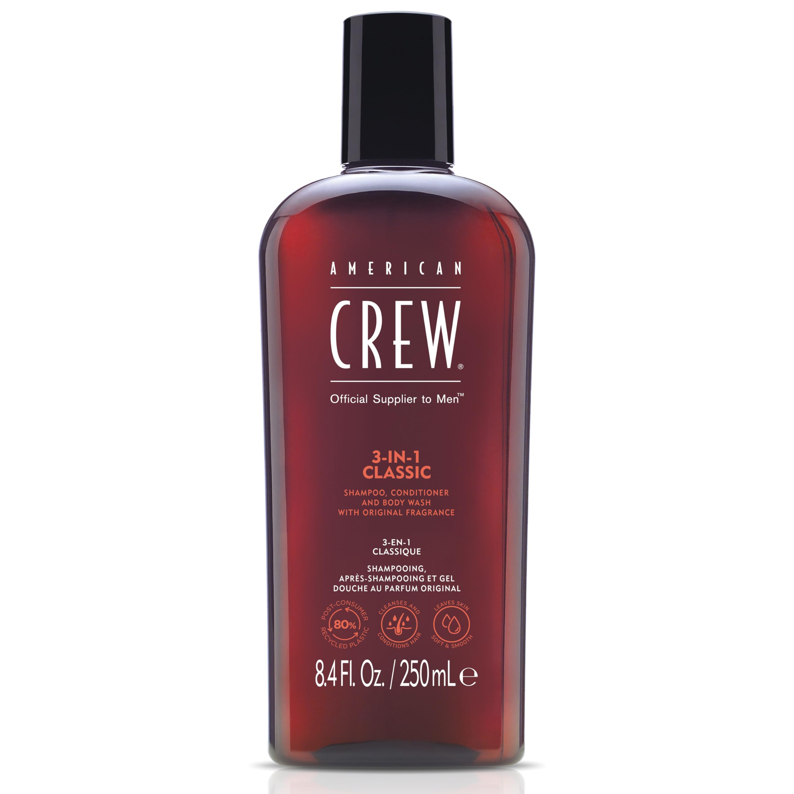 AMERICAN CREW 3-en-1, bouteille visible, usage quotidien rapide.