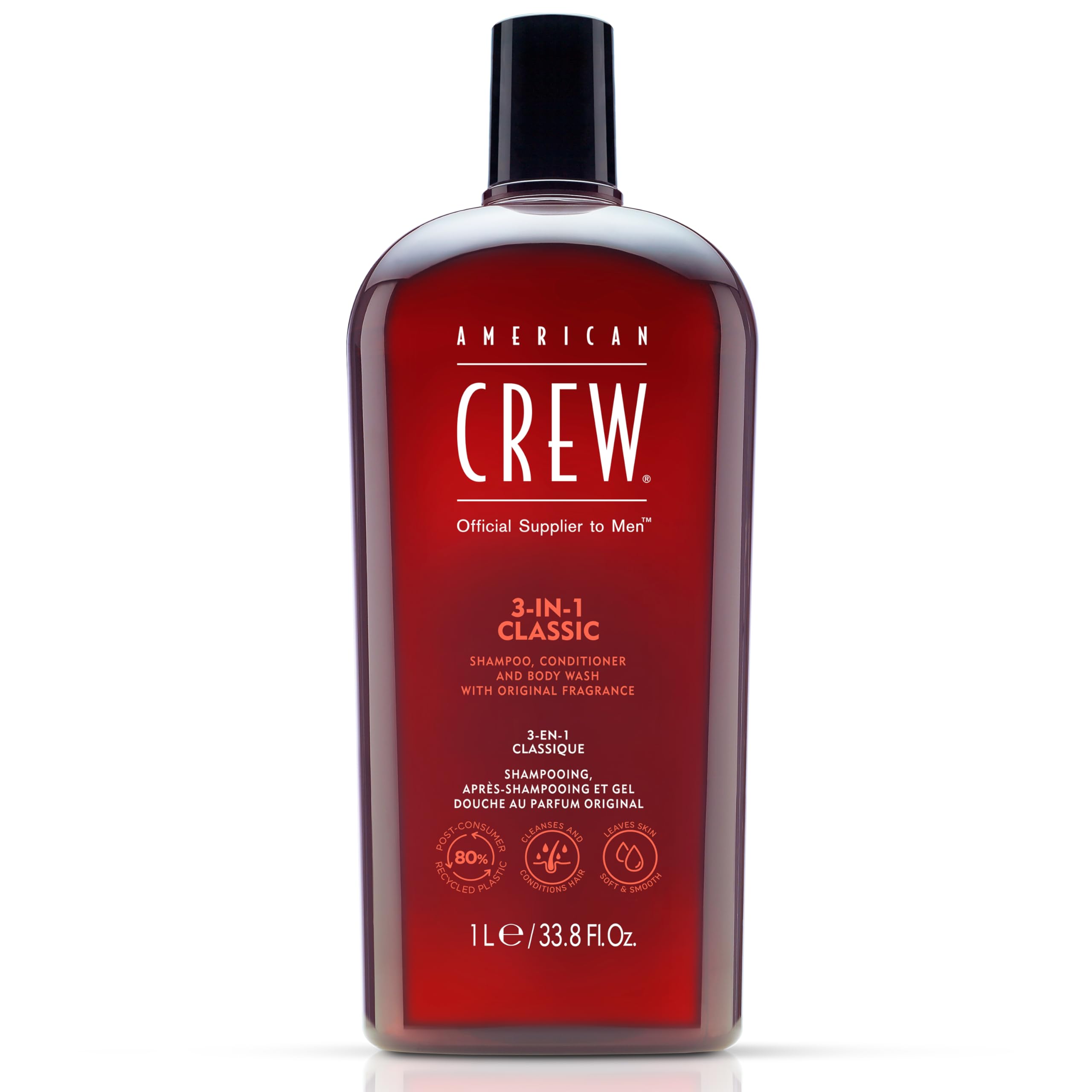 AMERICAN CREW: bouteille 3-en-1 visible, pratique pour un rituel rapide.