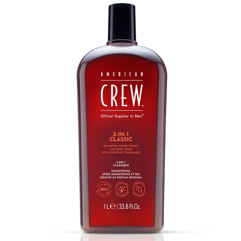 AMERICAN CREW: bouteille 3-en-1 visible, pratique pour un rituel rapide.
