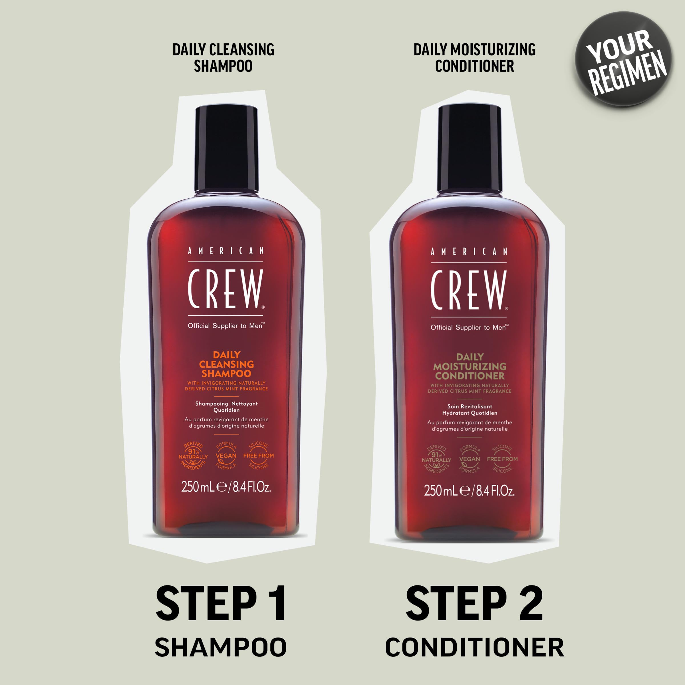 American Crew — après rinçage, cheveux faciles à coiffer et hydratés.
