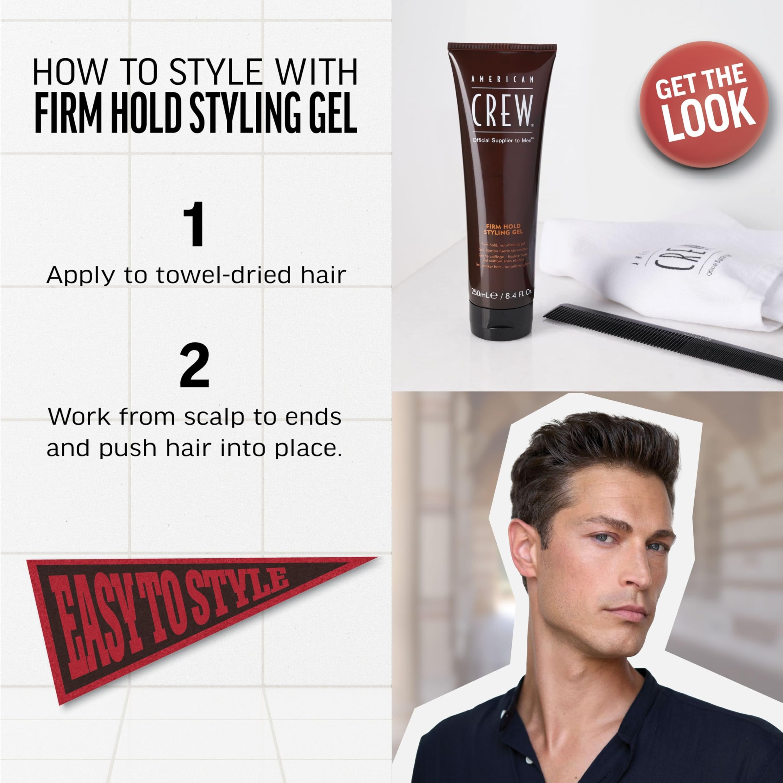 Application du Gel American Crew sur cheveux humides pour contrôle précis.