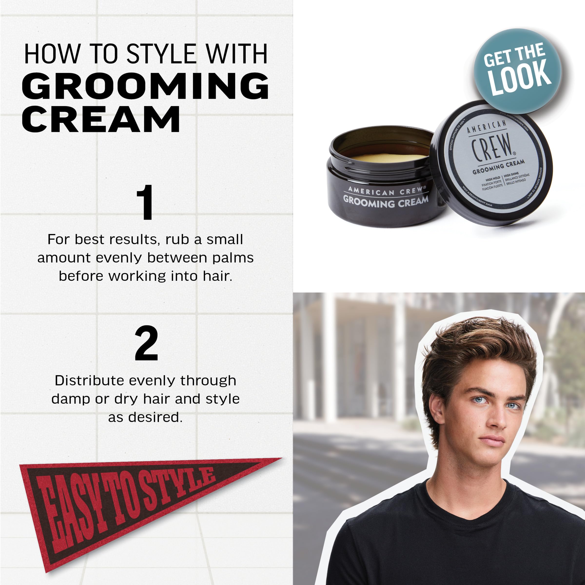 Hair with high-shine finish after using American Crew Grooming Cream.