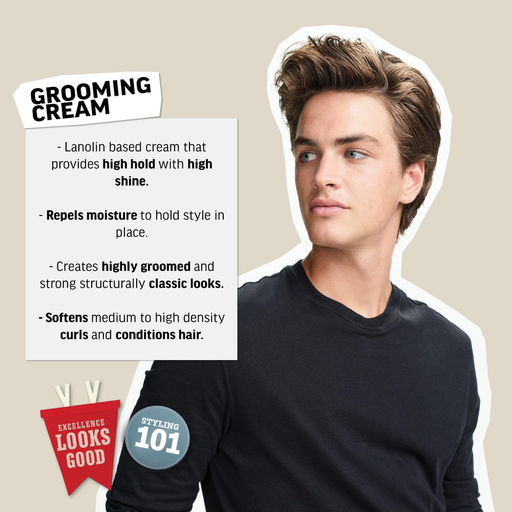 Side-parted groomed look using American Crew Grooming Cream for controlled shine.