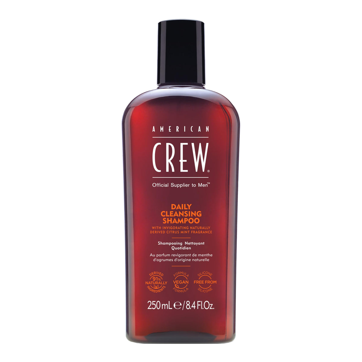 Shampoing American Crew pour homme, bouteille visible, nettoyage quotidien sans silicone.