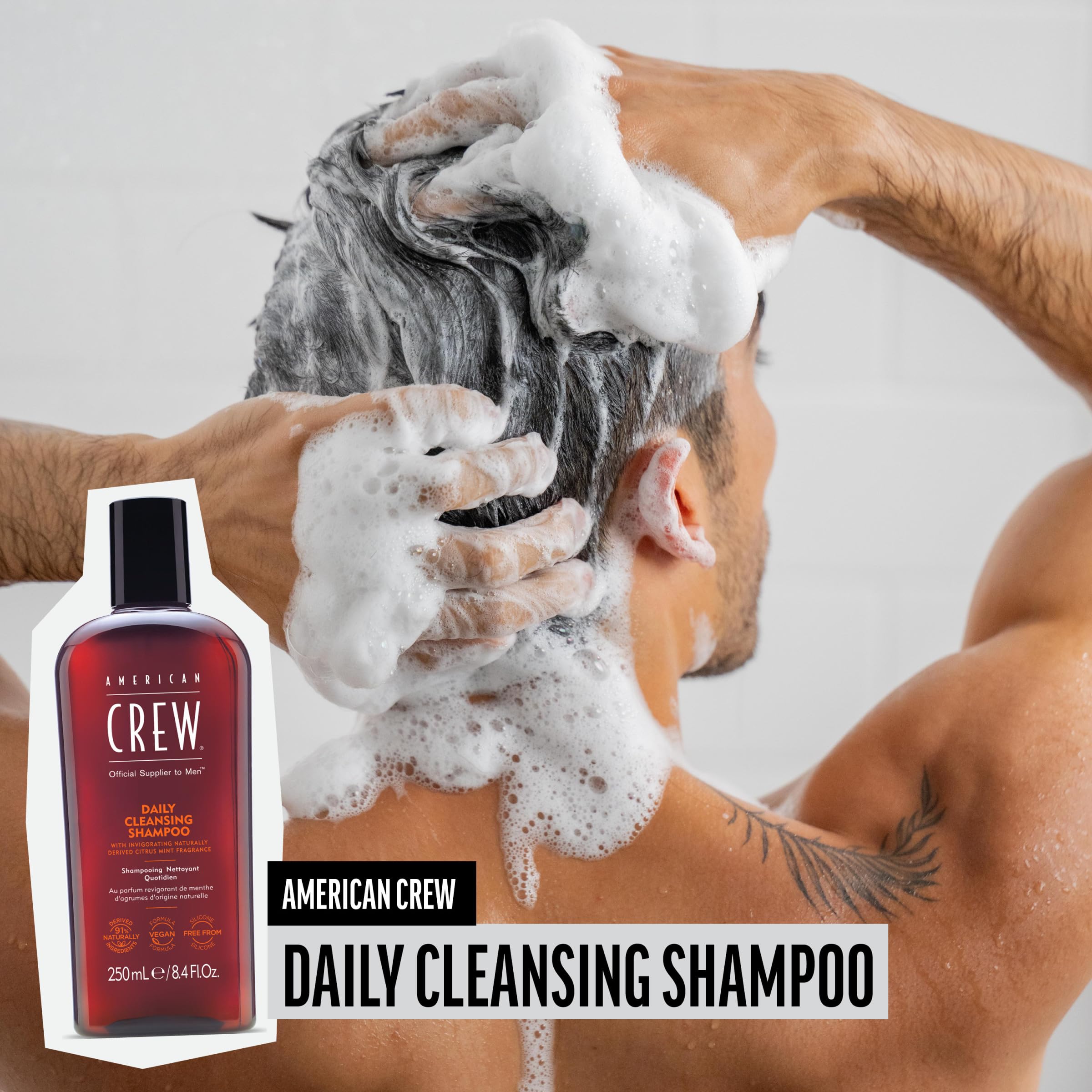 American Crew Shampoing Homme, ingrédient B5, hydratation légère pour cheveux plus souples.