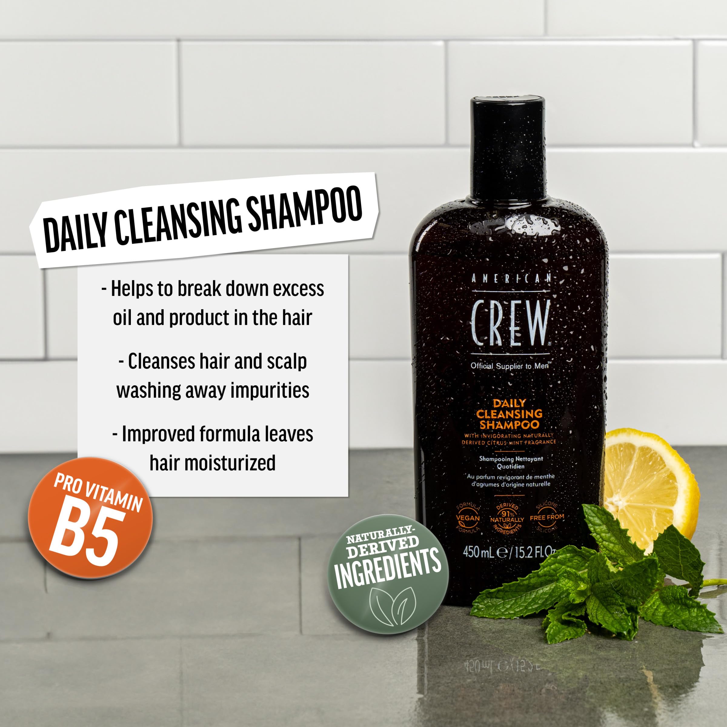 American Crew Shampoing Homme, flacon menthe-citron, parfum frais qui dynamise la routine capillaire.