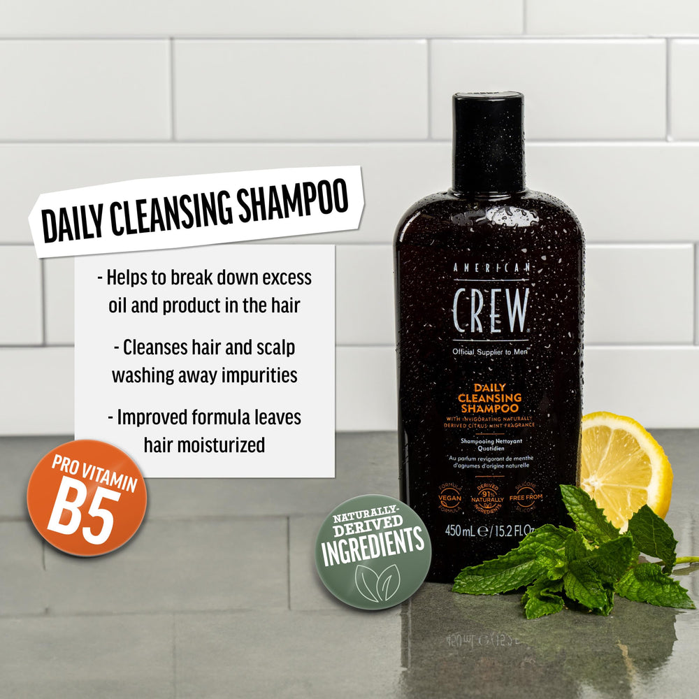 American Crew Shampoing Homme, flacon menthe-citron, parfum frais qui dynamise la routine capillaire.