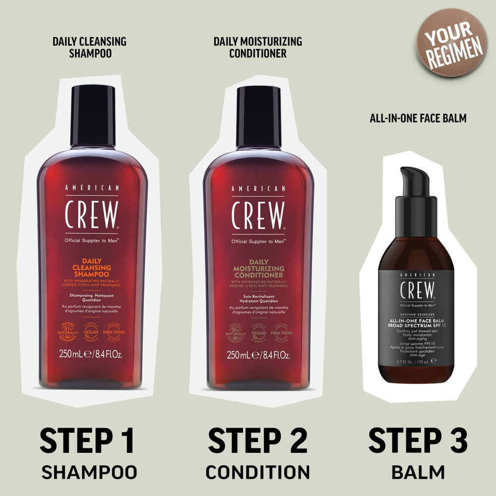 AMERICAN CREW Shampoing – dans une salle de bain moderne, invitation à une routine revitalisante.