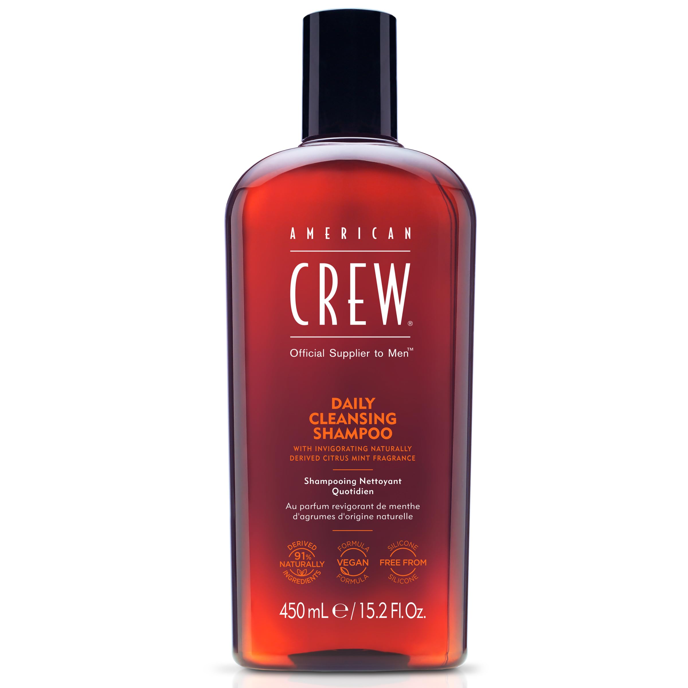 AMERICAN CREW shampooing pour hommes, bouteille nette et parfum citron-menthe frais.