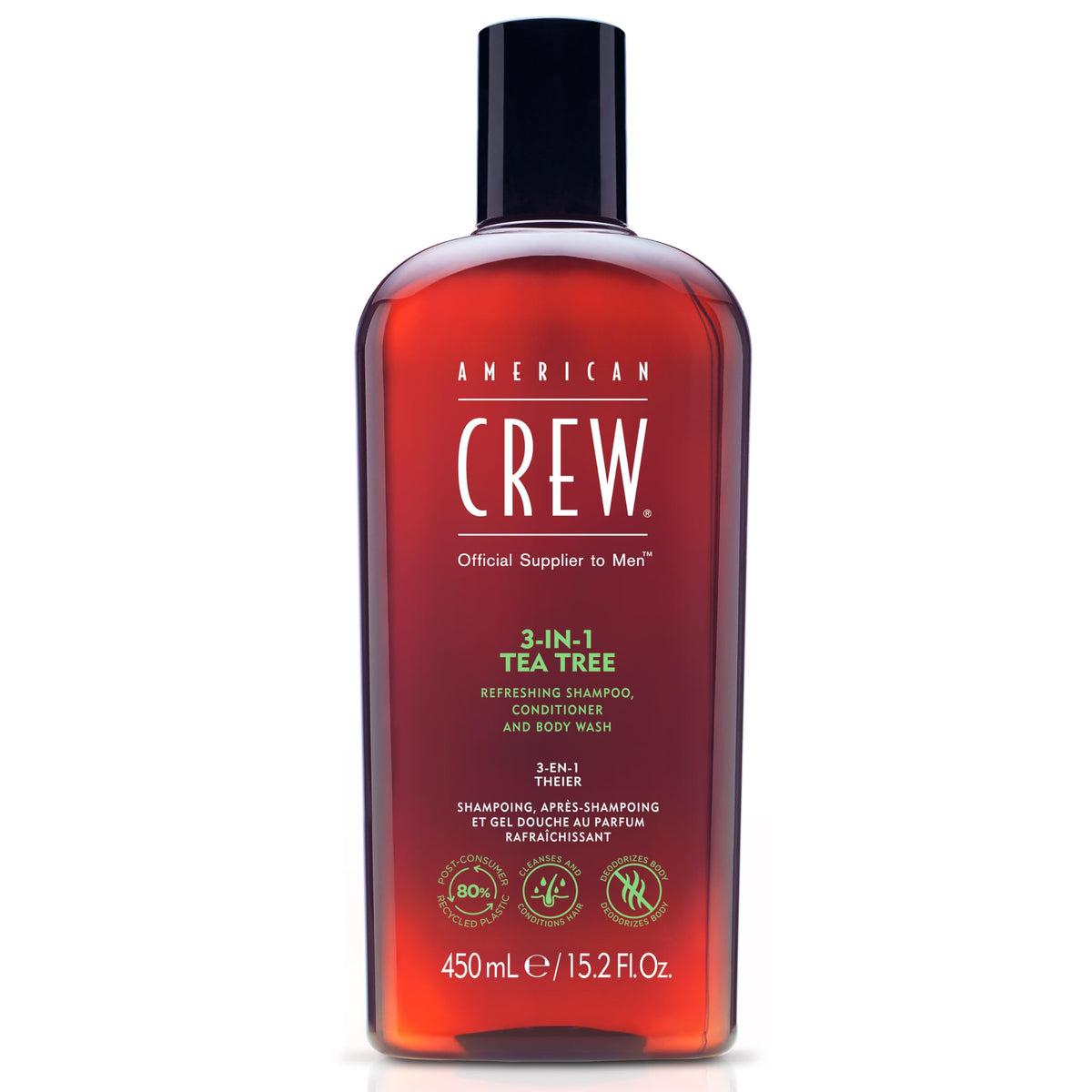 AMERICAN CREW Tea Tree 3-en-1 Shampoing – nettoyage efficace cheveux et peau