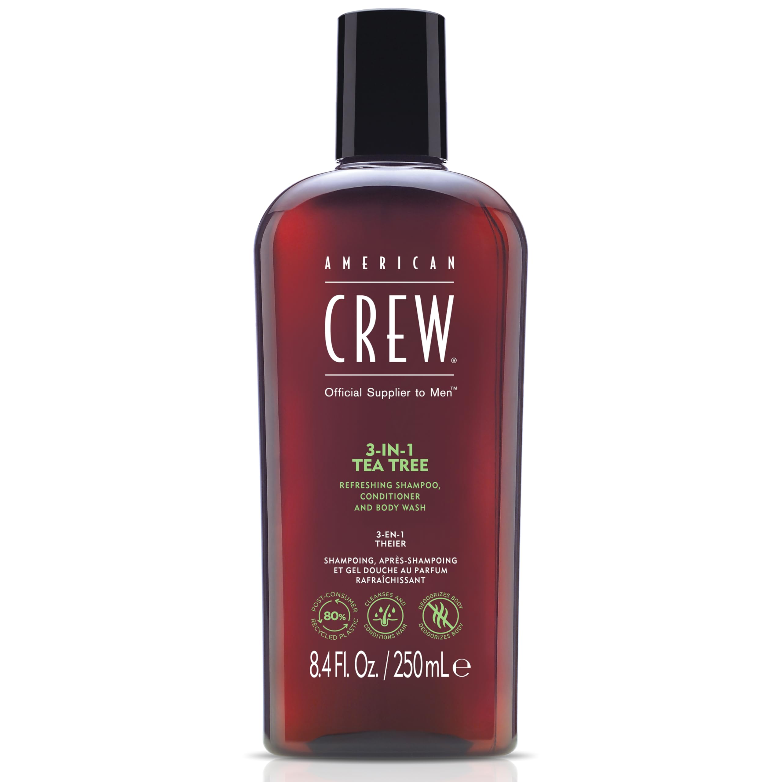AMERICAN CREW Tea Tree: bouteille shampooing 3-en-1 pour cheveux propres et peau fraîche.