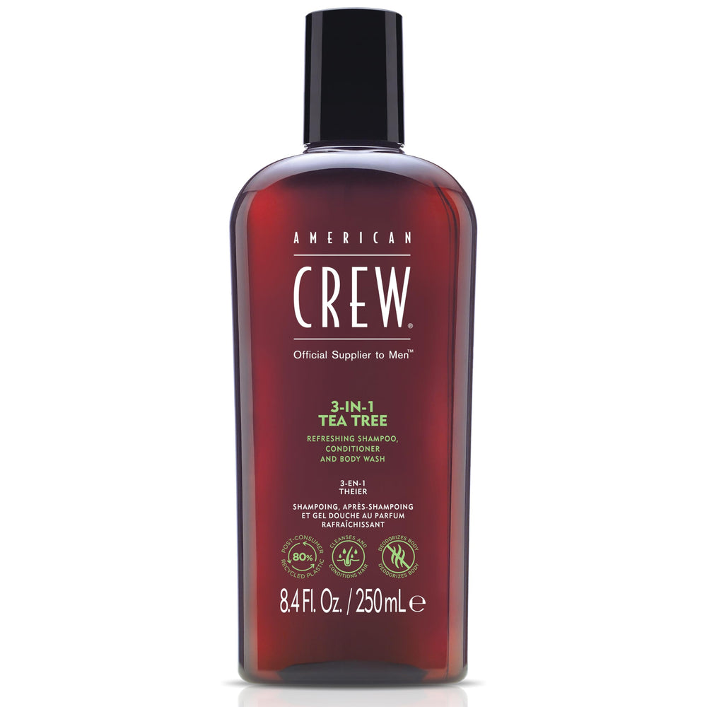 AMERICAN CREW Tea Tree: bouteille shampooing 3-en-1 pour cheveux propres et peau fraîche.