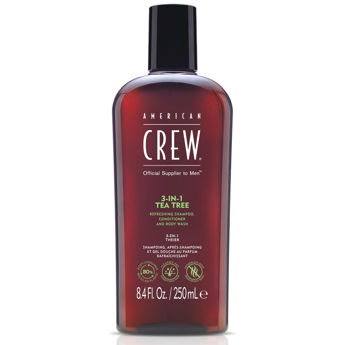 AMERICAN CREW Tea Tree: bouteille shampooing 3-en-1 pour cheveux propres et peau fraîche.