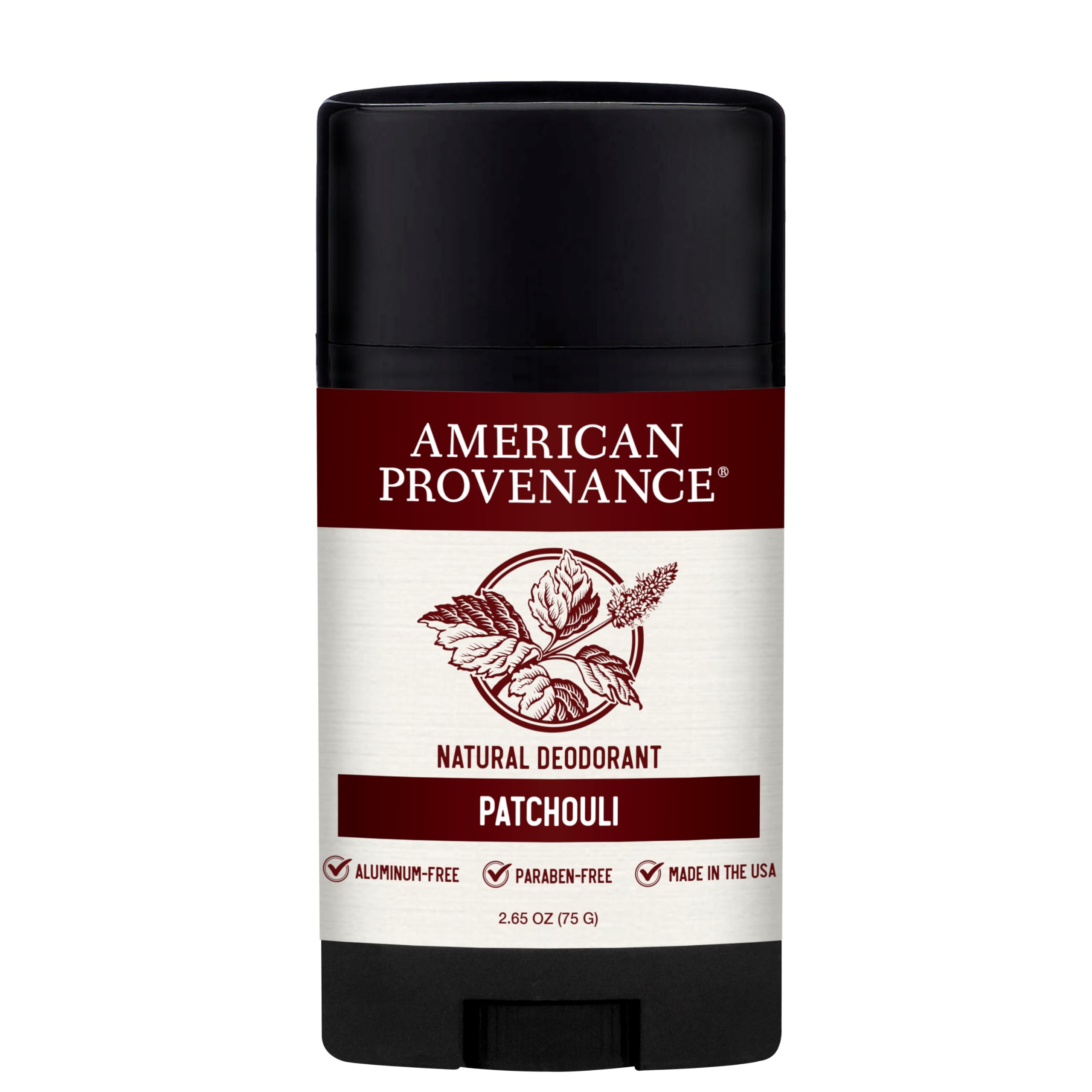 American Provenance Patchouli déodorant, bouteille, parfum naturel et frais.