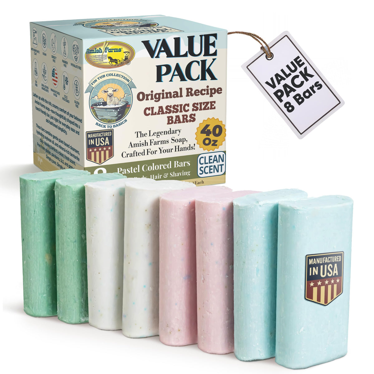 Savon Amish Farms – pack de 8 barres à prise facile pour l'usage quotidien.