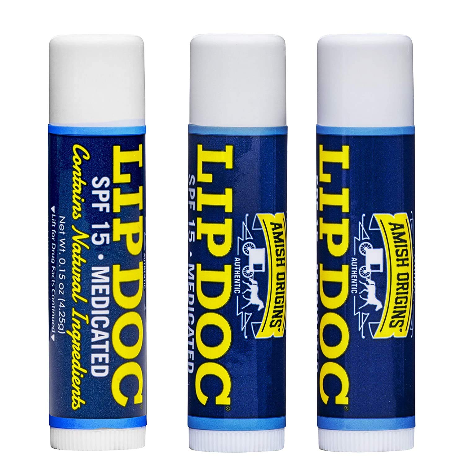 Lip Doc d'Amish Origins, tube visible, SPF15 pour lèvres protégées.