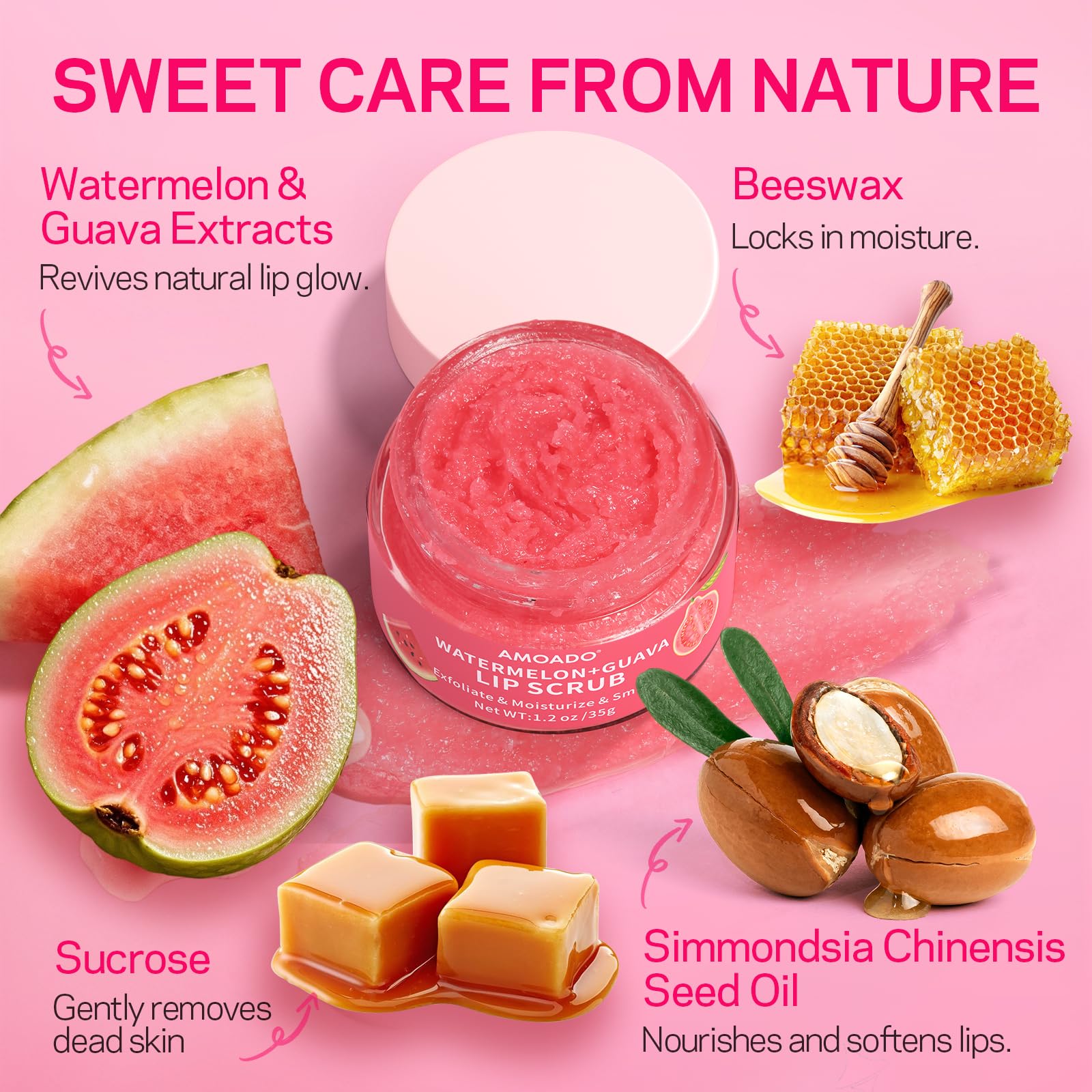 Texture granuleuse de sucre pour des levres plus lisses avec AMOADO
