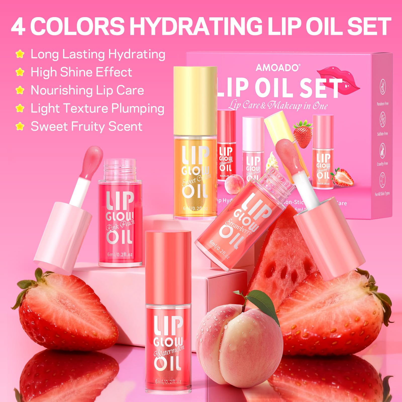 AMOADO Lip Oil – teinte pêche pour un look naturel et nourri.