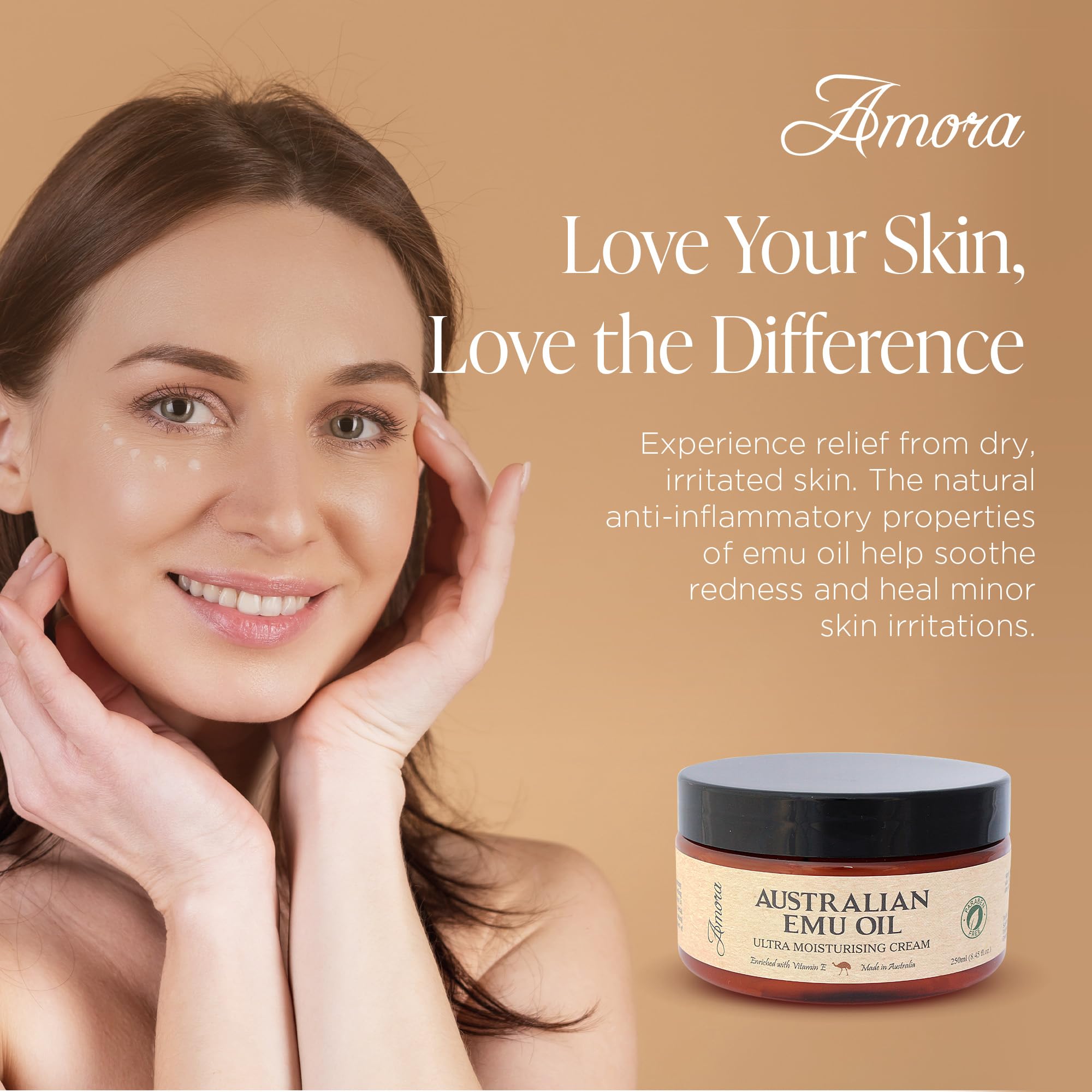 Produit fabriqué en Australie, Amora Emu Oil pour la peau.