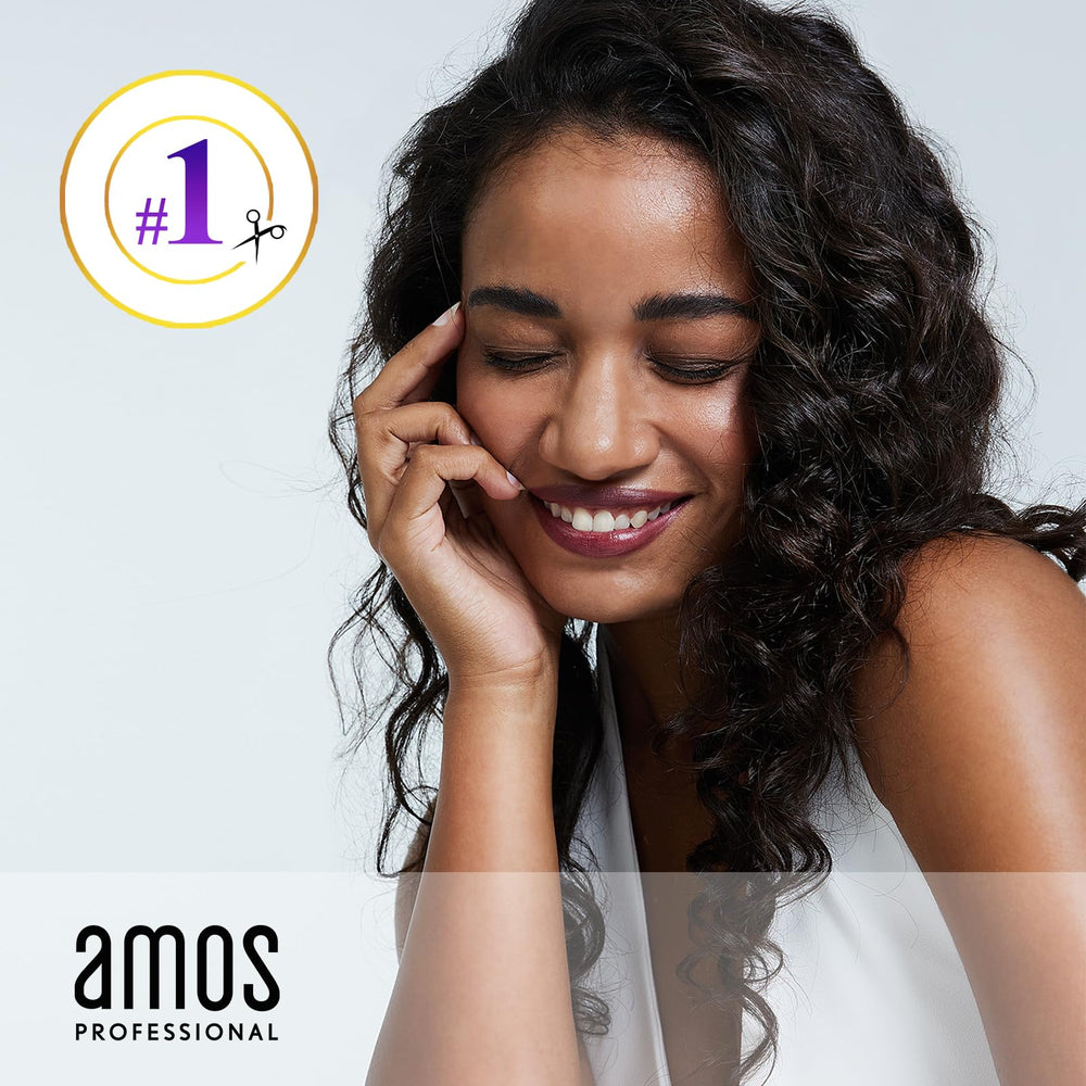 Lifestyle shot shows defined, glossy curls using AMOS PROFESSIONAL Curl Defining Cream.