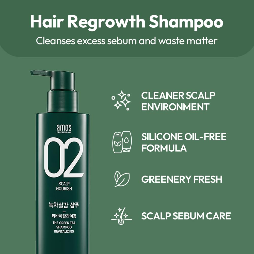 Shampoing AMOS PROFESSIONAL avec thé vert Jeju et thé blanc matcha pour cheveux hydratés