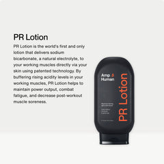 Mains appliquant PR Lotion sur les muscles avant séance, préparation ciblée.