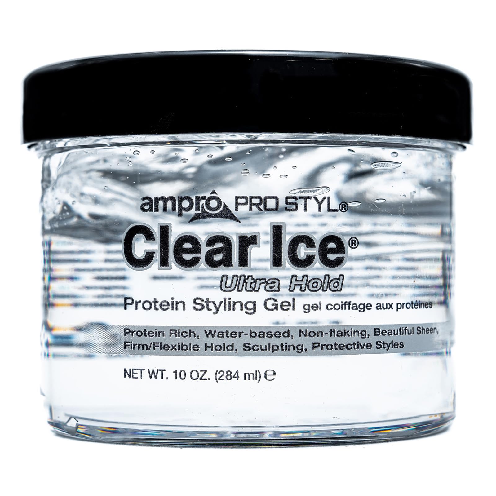AmPro Pro Styl Clear Ice — bouteille claire pour un coiffage polyvalent et efficace.