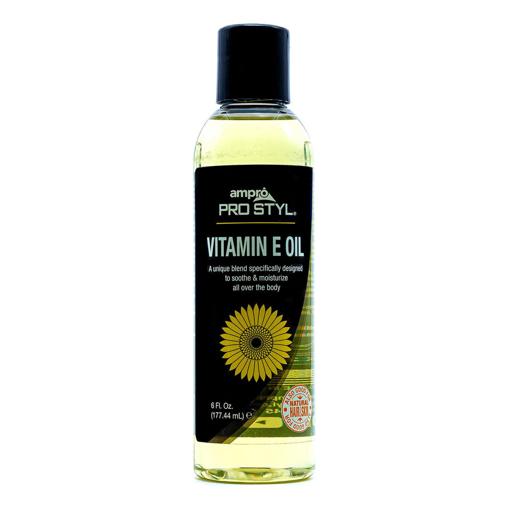 Huile vitamine E AmPro Pro Styl dans bouteille, nourrissante pour cheveux et peau.