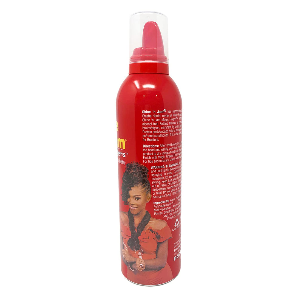 AmPro Shine-N-Jam Mousse: application facile, fixation efficace et coiffage maîtrisé.