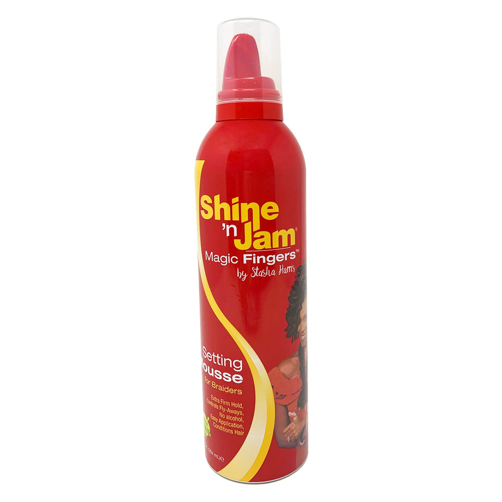 AmPro Shine-N-Jam Mousse: bouteille visible offrant brillance et tenue.